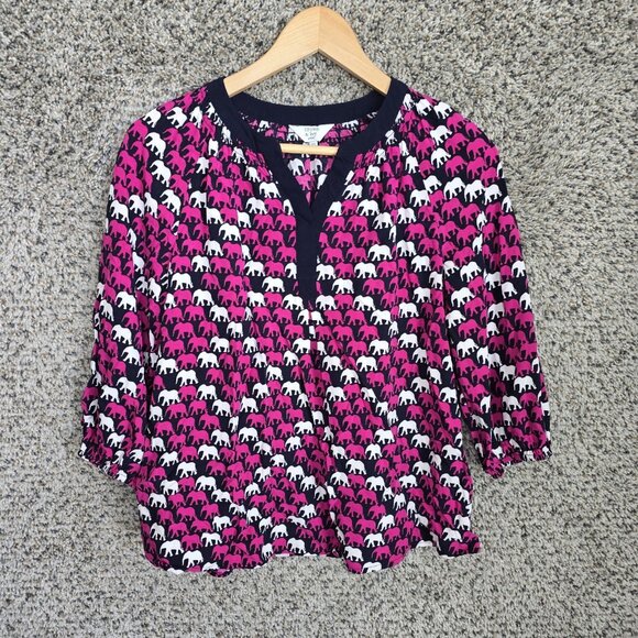 Crown & Ivy Top Womens‎ PS Petite Small Purple Elephant Print Peasant Blouse - Picture 1 of 7